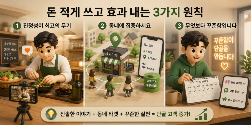 돈 적게 쓰고 효과 내는 홍보 원칙인 진정성·동네 집중·꾸준함을 정리한 도표