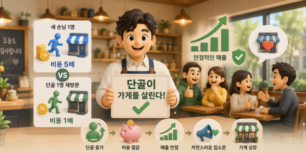 단골 유지 비용이 신규 고객의 5분의 1이며 매출 안정과 입소문으로 이어지는 과정을 보여주는 도표