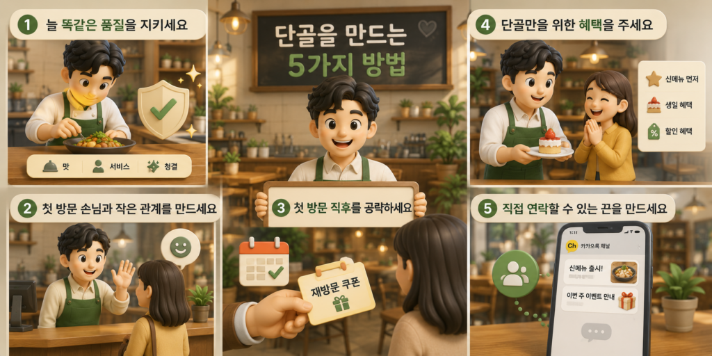 단골을 만드는 5가지 방법인 품질 유지·관계 형성·재방문 공략·전용 혜택·소통 창구를 정리한 도표