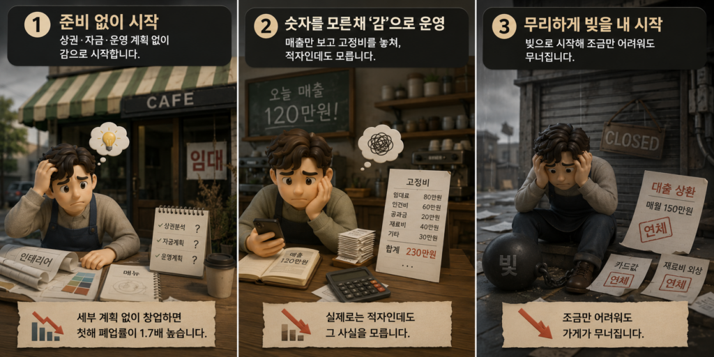 망하는 가게의 공통점인 준비 없는 시작·감으로 하는 운영·무리한 빚을 정리한 도표