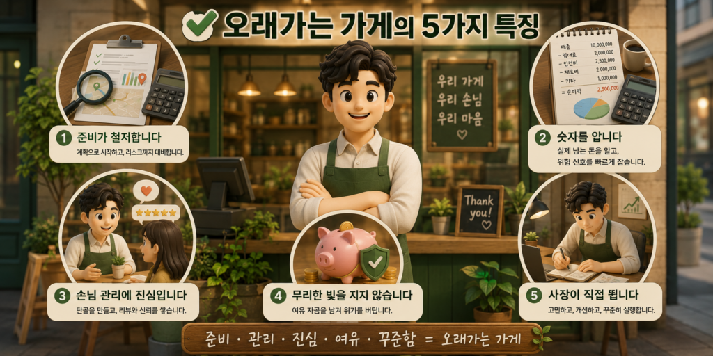 오래가는 가게의 5가지 특징인 철저한 준비·숫자 파악·손님 관리·여유 자금·성실한 운영을 정리한 도표