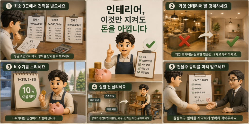 인테리어 비용을 아끼는 방법인 견적 비교·과잉 경계·비수기 활용·재활용·건물주 동의를 정리한 도표