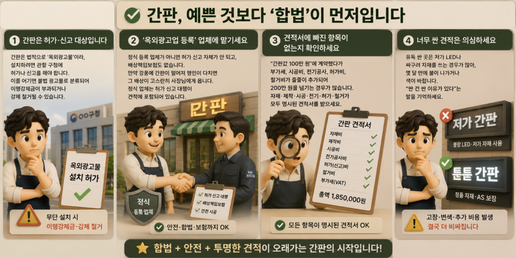 간판 설치 시 허가·신고 대상, 정식 등록 업체 선택, 견적 항목 확인, 저가 견적 주의를 정리한 도표