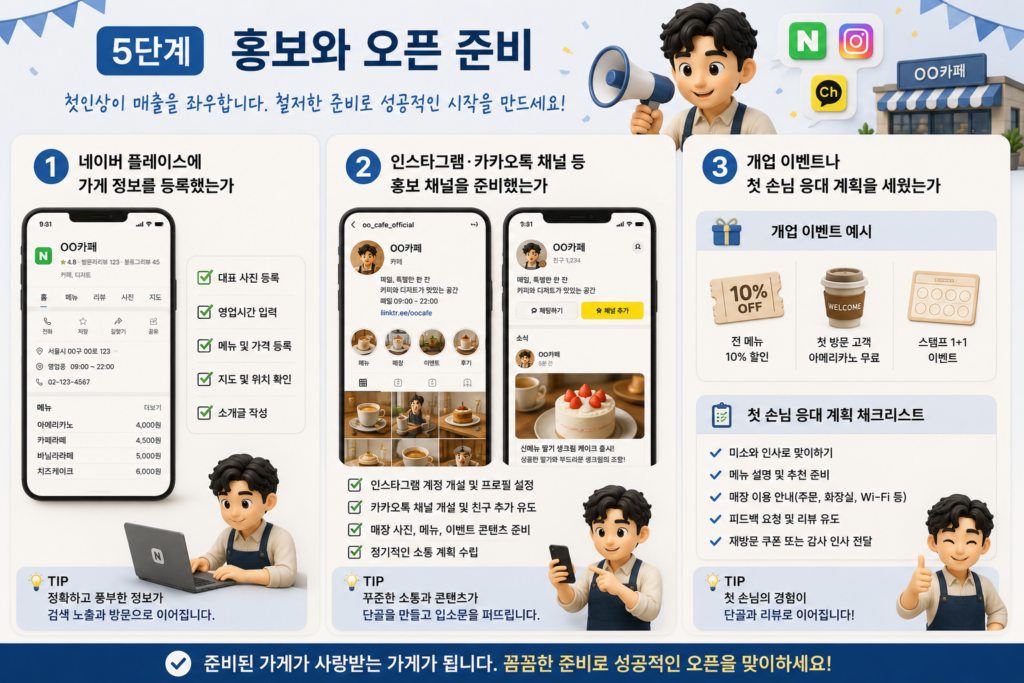 창업 5단계 홍보와 오픈 준비인 네이버 플레이스 등록, 홍보 채널 준비, 개업 이벤트·손님 응대 계획을 정리한 도표