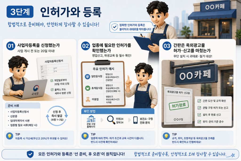 창업 3단계 인허가와 등록인 사업자등록 신청, 업종별 인허가 확인, 간판 옥외광고물 신고를 정리한 도표