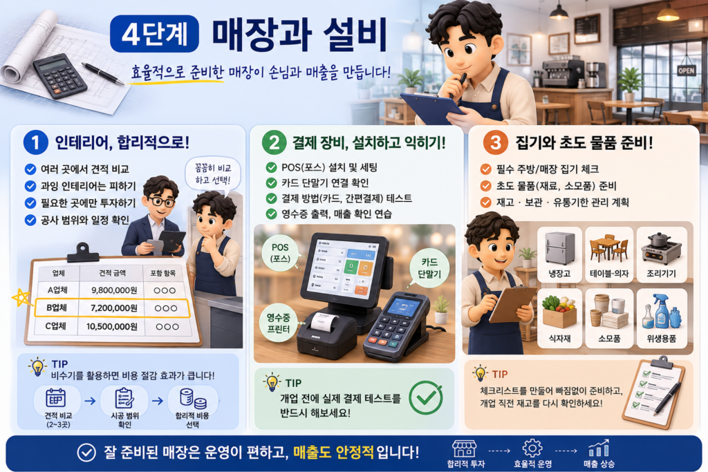 창업 4단계 매장과 설비인 인테리어 견적 비교, 포스·카드단말기 설치, 집기·초도 물품 준비를 정리한 도표