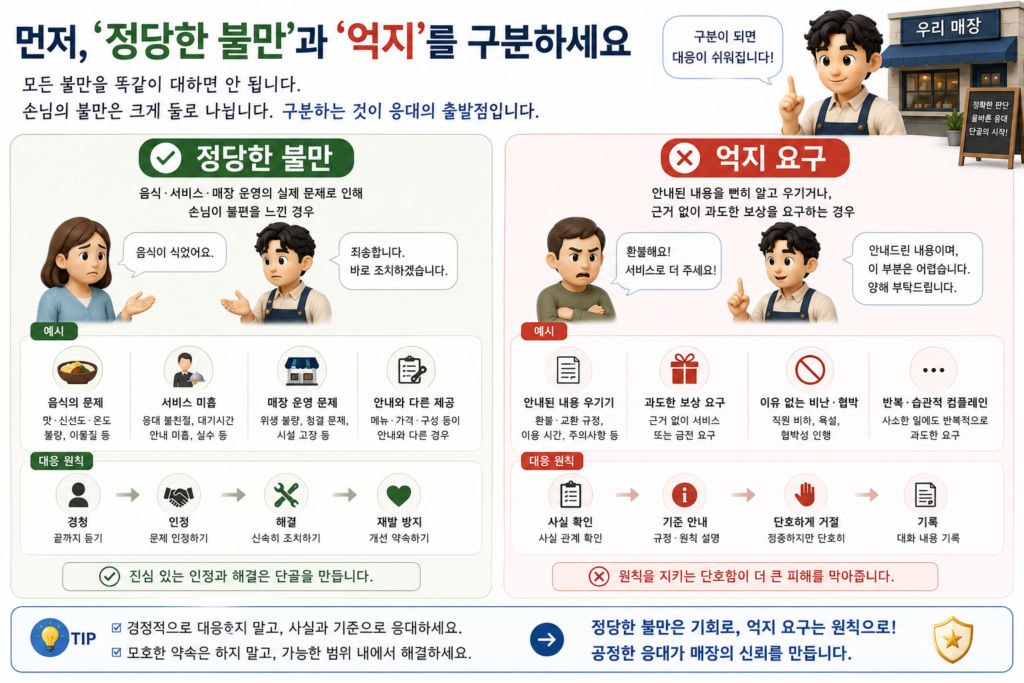 손님 불만을 정당한 불만과 억지 요구로 구분하고 각각의 대응 원칙을 정리한 도표