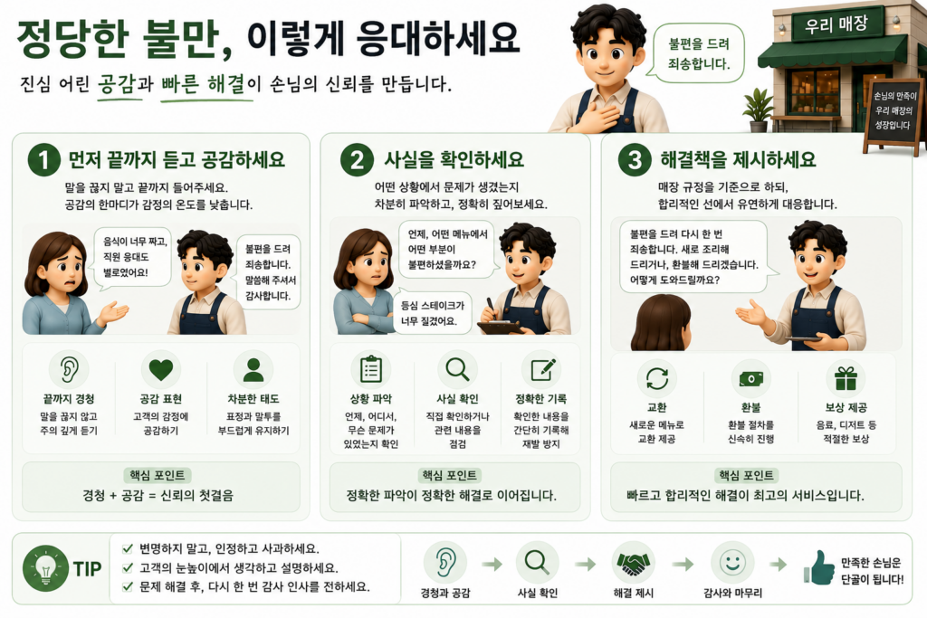 정당한 불만 응대법인 끝까지 듣고 공감·사실 확인·해결책 제시를 정리한 도표