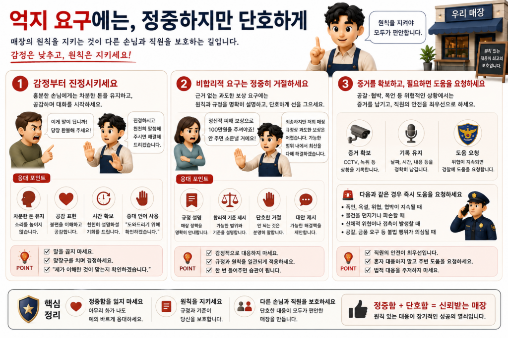 억지 요구 응대법인 감정 진정시키기·비합리적 요구 거절·증거 확보와 도움 요청을 정리한 도표
