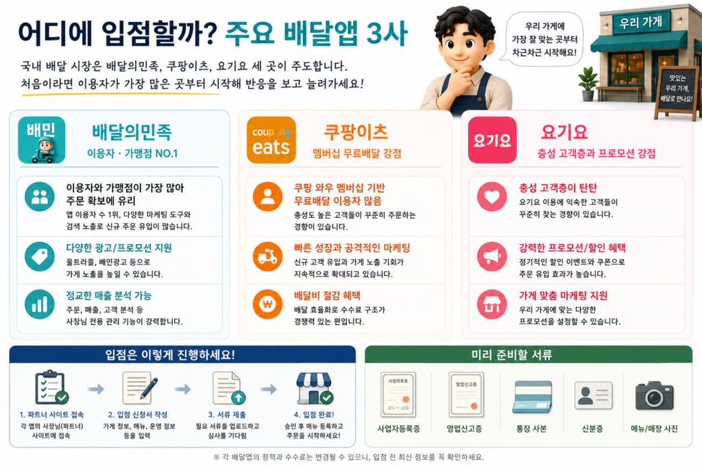 주요 배달앱 3사인 배달의민족·쿠팡이츠·요기요의 특징과 입점 절차를 정리한 도표