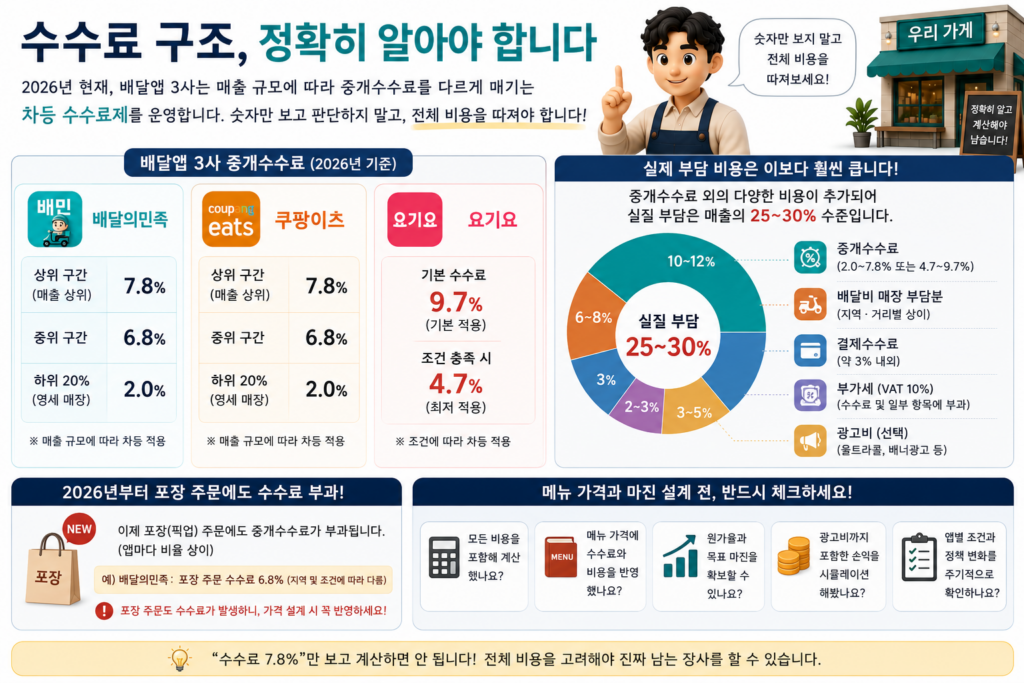 배달앱 3사 중개수수료 차등 구조와 실질 부담 25~30%를 정리한 도표