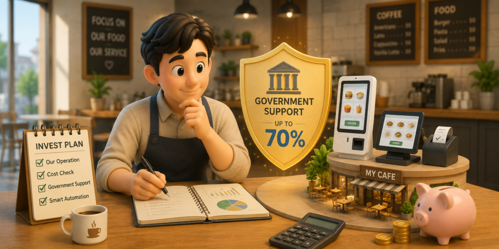 스마트상점 기술보급사업으로 키오스크 도입 비용 최대 70%를 지원받는 방법을 보여주는 이미지