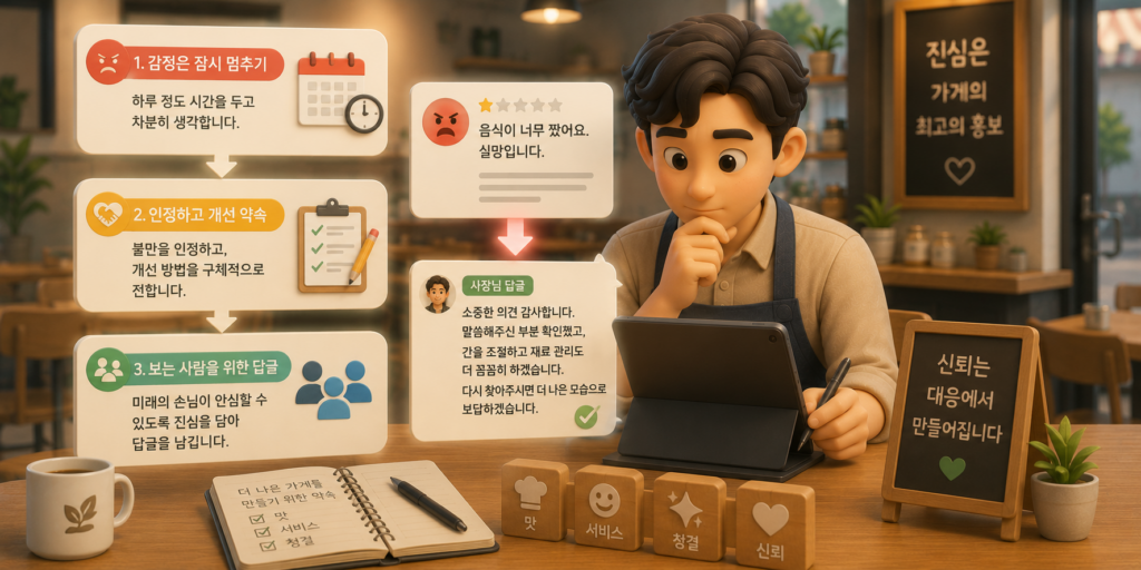나쁜 리뷰 대응법인 하루 참기·정당한 불만 인정과 개선 약속·보는 사람을 위한 답글을 정리한 도표