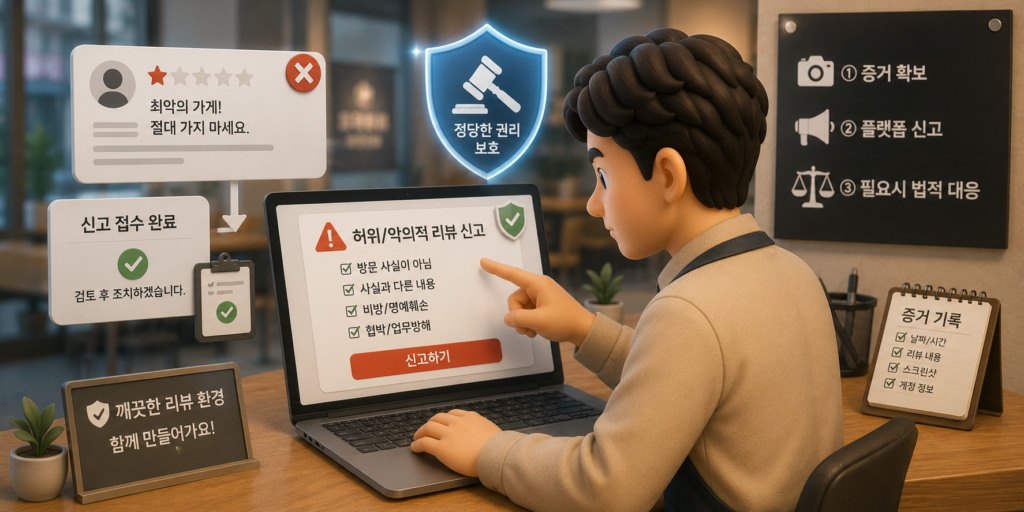 허위·악의적 리뷰 대응법인 증거 확보·플랫폼 신고·법적 대응을 정리한 도표