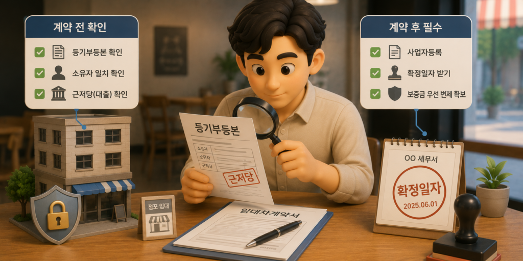임대차 계약 전 등기부등본 확인과 계약 후 확정일자 받기로 보증금 지키는 법을 정리한 도표