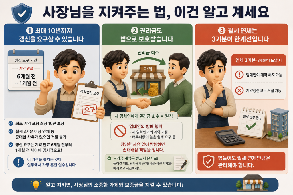 상가임대차보호법으로 사장님을 지키는 법인 최대 10년 갱신·권리금 보호·월세 연체 3기분 한계를 정리한 도표