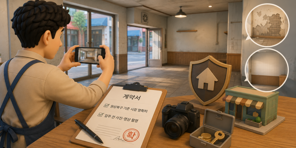 원상복구 분쟁 예방법인 계약서에 복구 기준 시점 명시와 입주 전 사진·영상 촬영을 보여주는 이미지