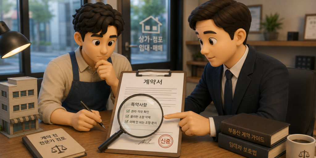 계약서 특약사항을 사장님과 전문가가 꼼꼼히 검토하며 불리한 조항을 확인하는 이미지