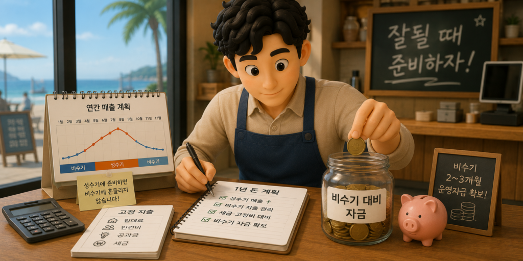 비수기 대비 자금을 성수기에 미리 준비하는 1년 단위 돈 계획을 보여주는 이미지