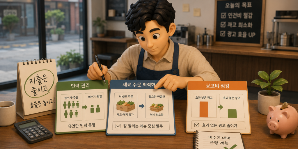 비수기 지출 줄이는 법인 인력 구성 조정·재료 주문량 최적화·효과 없는 광고비 정리를 정리한 도표