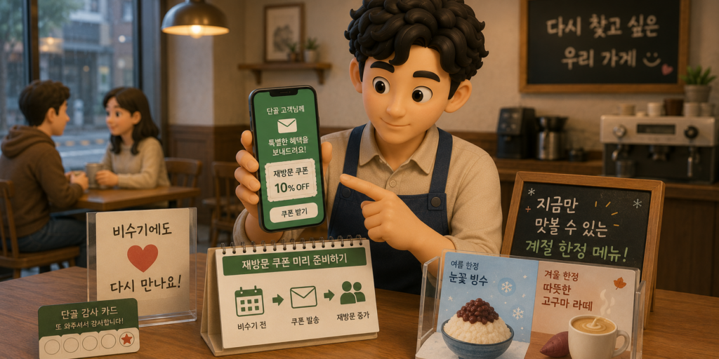 비수기 재방문 유도법인 단골 재방문 쿠폰과 계절 한정 메뉴로 다시 오게 하는 방법을 보여주는 이미지