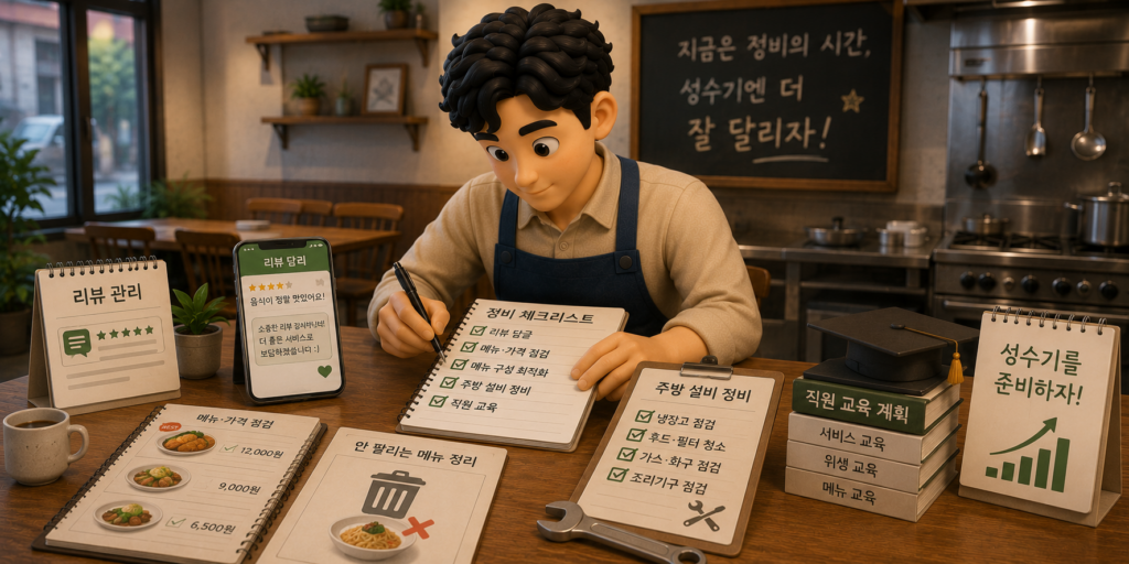 비수기를 정비의 시간으로 활용해 리뷰 답글·메뉴 점검·설비 정비·직원 교육을 준비하는 이미지