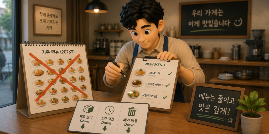 1인 가게 메뉴 줄이기로 재료 관리·조리 시간·폐기 비용을 낮추는 방법을 보여주는 이미지