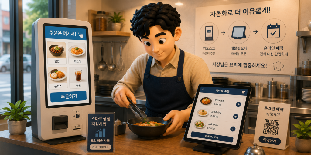 1인 가게 자동화로 주문·결제를 키오스크·태블릿오더·온라인 예약에 맡기는 방법을 보여주는 이미지