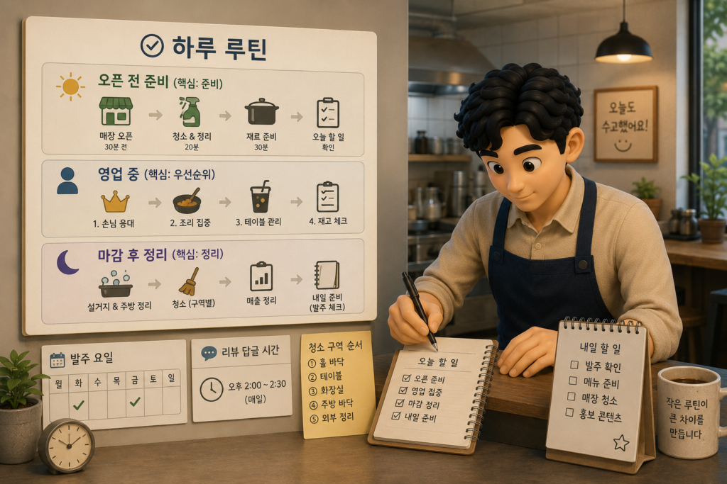 1인 가게 하루 루틴인 오픈 전 준비·영업 중 우선순위·마감 후 정리를 정리한 도표
