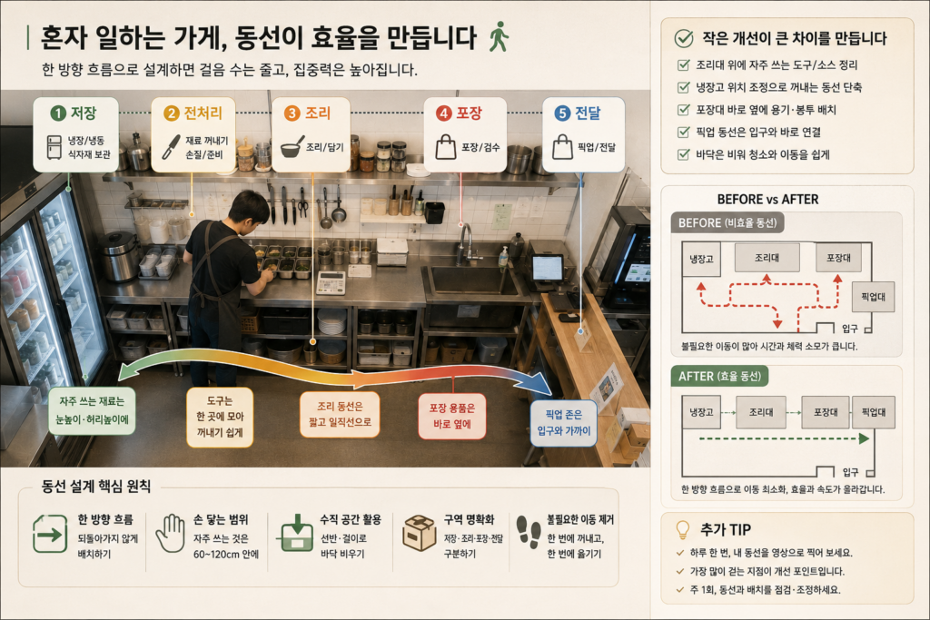 1인 가게 동선 설계로 저장·전처리·조리·포장·전달을 한 방향으로 배치하는 방법을 정리한 도표
