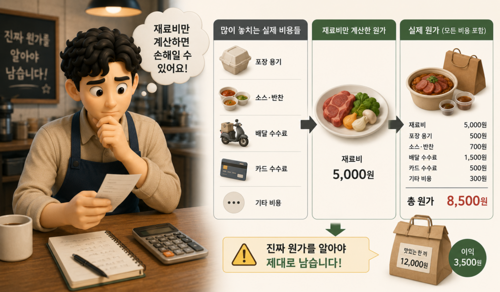 재료비 외에 포장 용기·소스·배달 수수료·카드 수수료까지 포함한 진짜 원가 계산을 정리한 도표