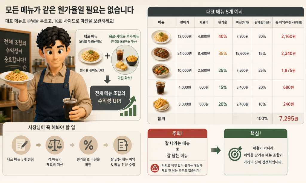 대표 메뉴와 음료·사이드로 마진을 보완하는 전체 메뉴 조합 수익성 분석을 정리한 도표