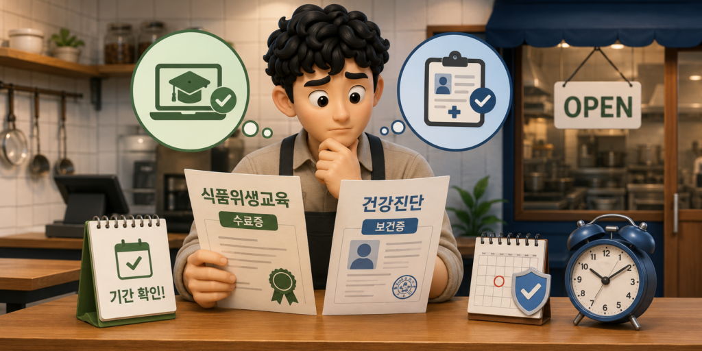 음식점 개업 전후 필수 서류인 식품위생교육 수료증과 건강진단 보건증을 정리한 도표