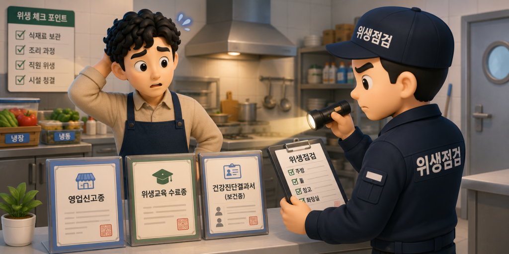 불시 위생점검 대비법인 영업신고증·위생교육 수료증·건강진단결과서 비치를 보여주는 이미지