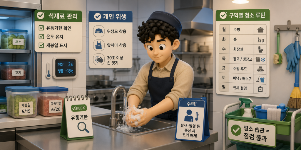 위생점검 대비 평소 습관인 식재료 관리·개인 위생·구역별 청소 루틴을 정리한 도표