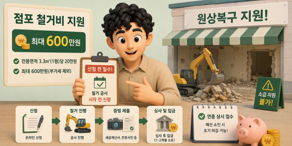 폐업 소상공인 점포 철거비 최대 600만 원 지원의 신청·철거·증빙·입금 절차를 정리한 도표