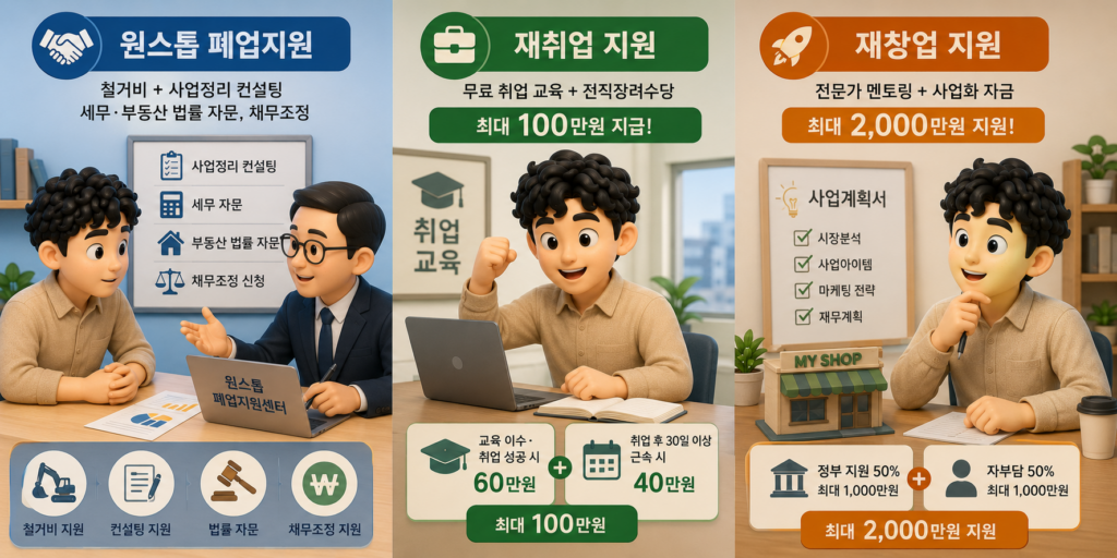 희망리턴패키지의 원스톱 폐업지원·재취업 지원·재창업 지원을 정리한 도표