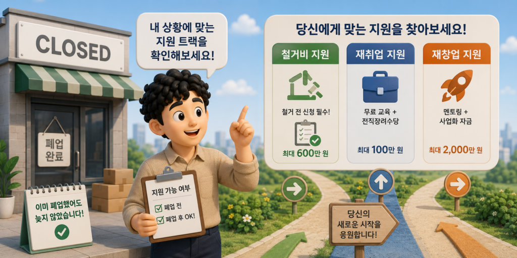 폐업 후에도 신청 가능한 철거비·재취업·재창업 지원 트랙을 비교한 도표