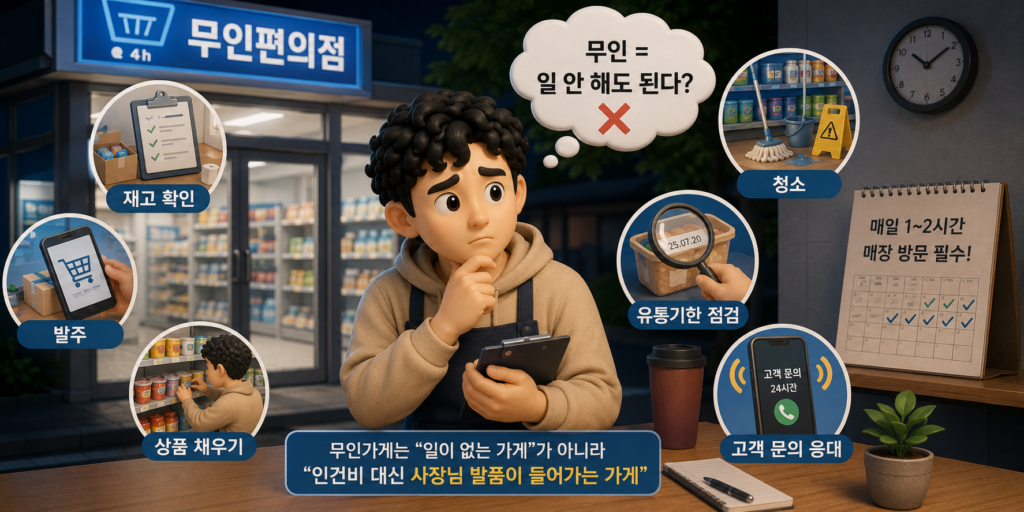 무인가게도 재고 확인·발주·상품 채우기·청소·유통기한 점검·고객 문의 응대가 필요함을 보여주는 도표
