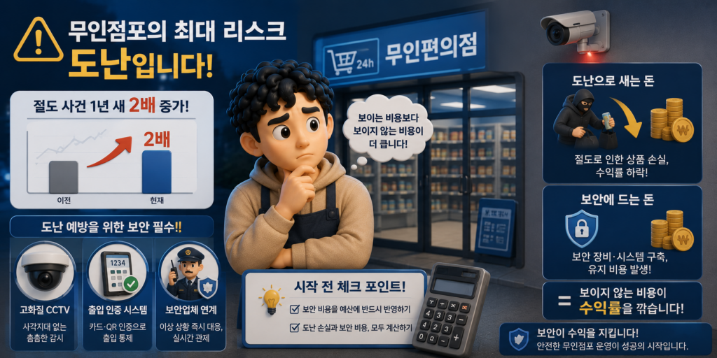 무인점포 최대 리스크인 도난과 CCTV·출입 인증·보안업체 연계 등 예방책을 정리한 도표