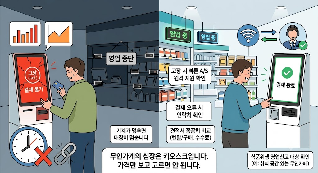 무인가게 키오스크 고장 시 A/S·원격 지원·결제 오류 연락처 확인의 중요성을 비교한 도표