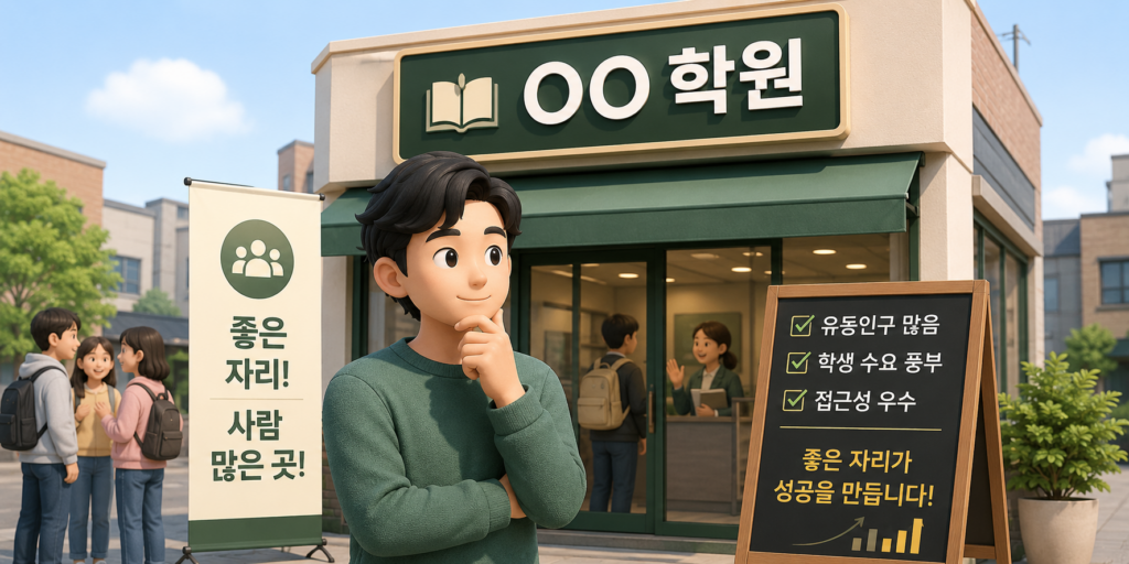 학원 앞에서 좋은 자리를 고민하는 창업자와 유동인구 체크리스트
