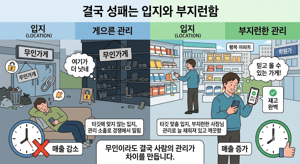 무인가게 성패를 가르는 타깃 맞춤 입지와 부지런한 관리의 차이를 비교한 도표