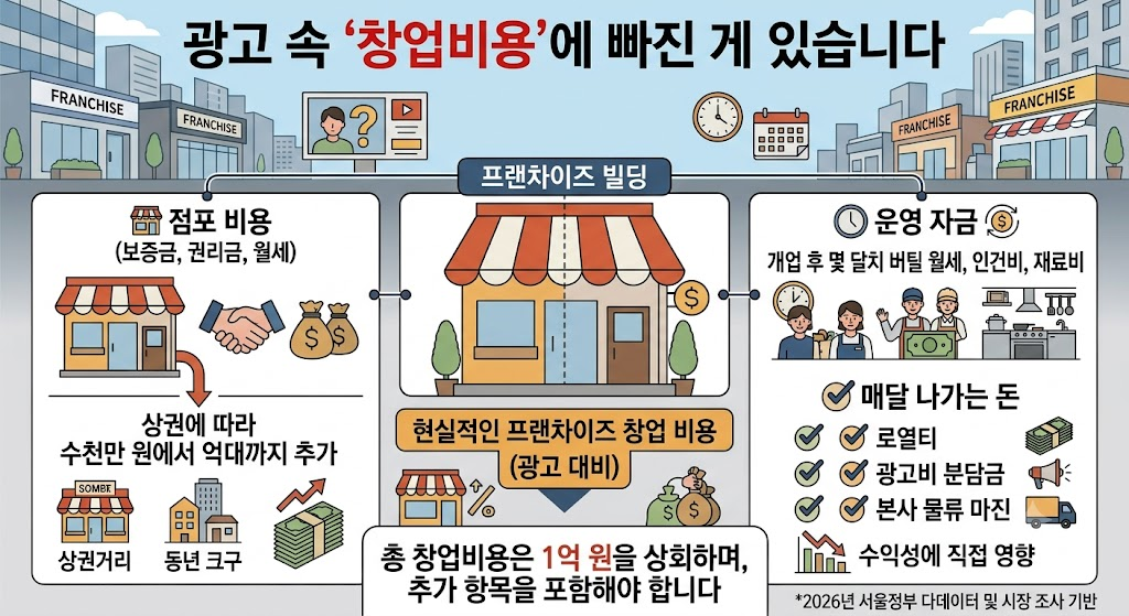 광고 속 창업비용에서 빠진 점포 비용·운영 자금·매달 나가는 돈을 정리한 도표