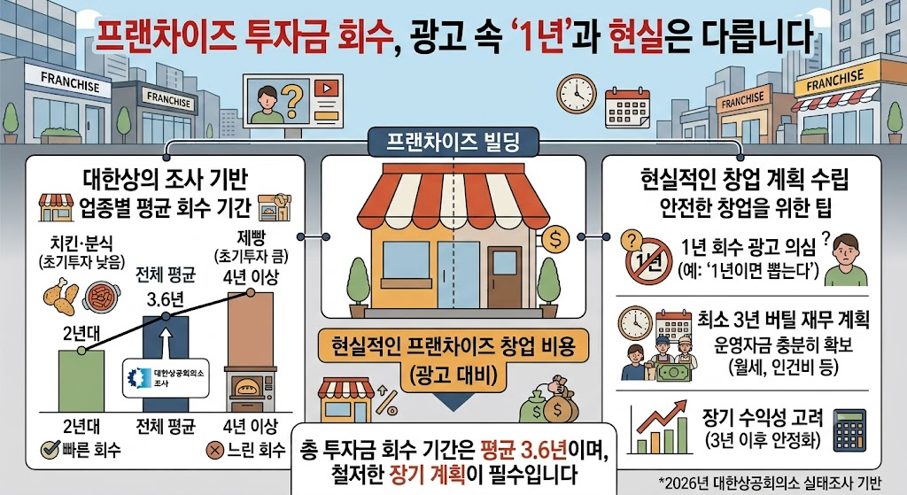 프랜차이즈 투자금 회수 기간 평균 3.6년과 업종별 회수 기간 차이를 정리한 도표
