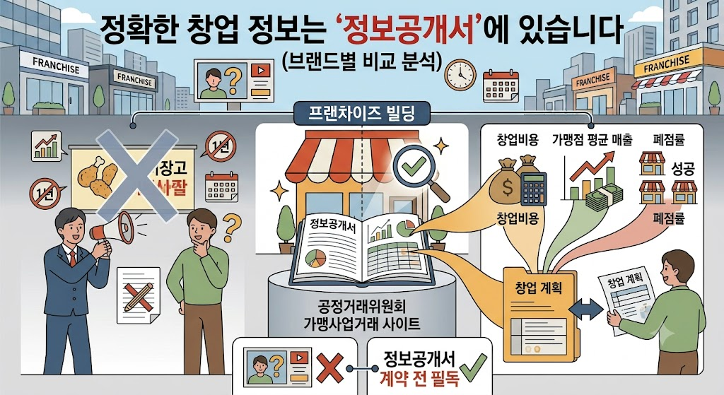 공정거래위원회 정보공개서에서 브랜드별 창업비용·평균 매출·폐점률을 확인하는 방법을 정리한 도표