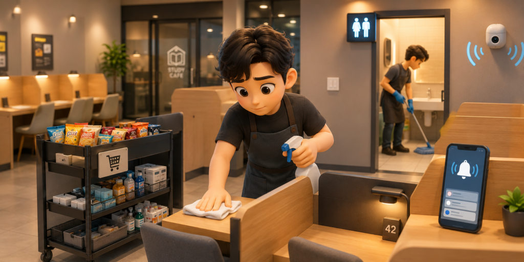 스터디카페도 간식 채우기·책상 닦기·화장실 점검 등 하루 1~2회 매장 관리가 필요함을 보여주는 이미지