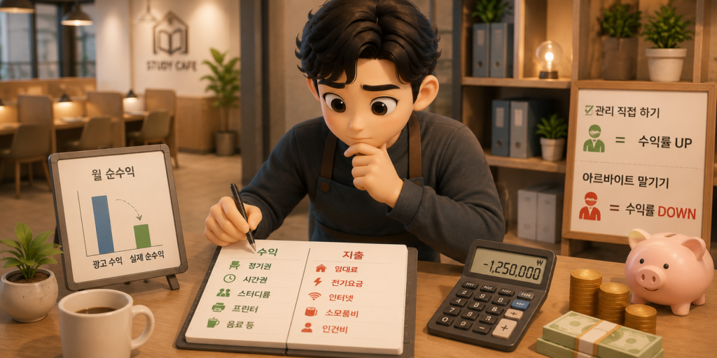 스터디카페 수익 구조인 좌석 이용권·부대 수익과 임대료·전기요금·인건비 지출을 정리한 도표