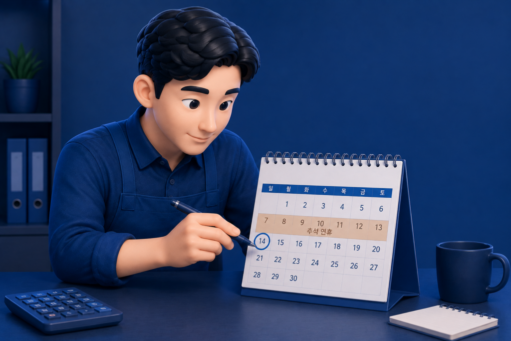 추석 연휴 카드 정산 매출일별 입금일 계산표