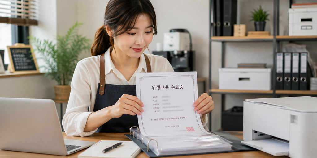 개업 준비 서류철에 수료증 보관